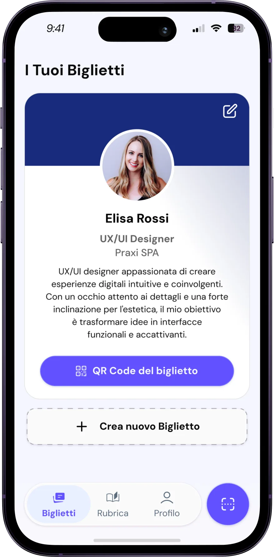 Schermata I tuoi biglietti dell’app Nettiko, con il biglietto da visita digitale di Elisa Rossi e il pulsante per mostrarne il QR code