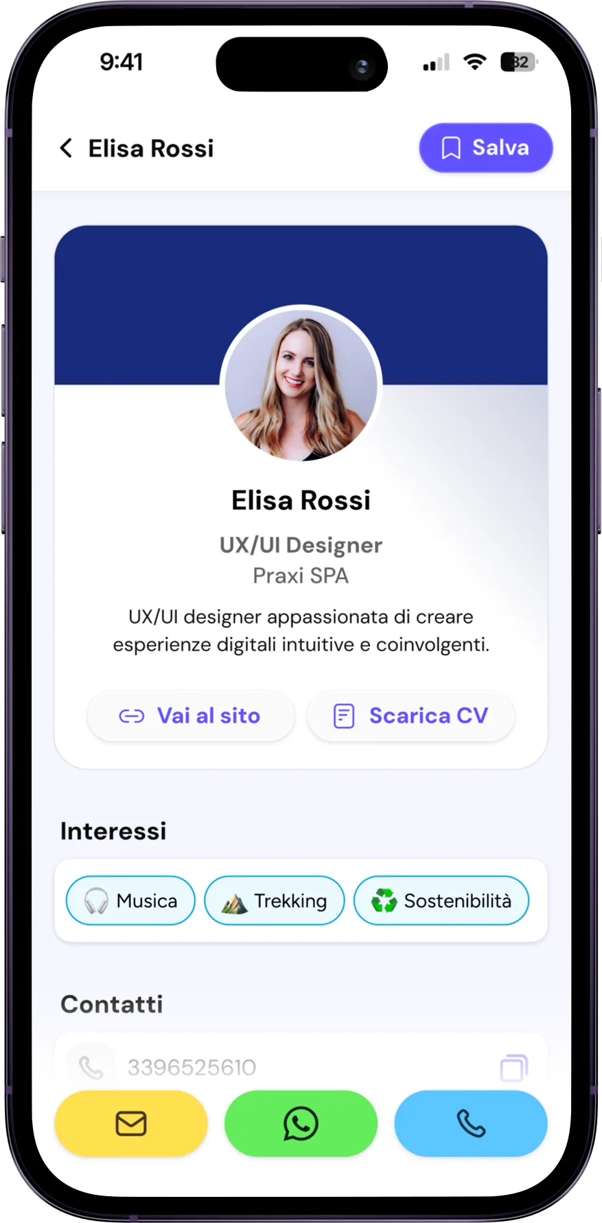 Scheda contatto di Elisa Rossi nell’app Nettiko, con gli interessi e i pulsanti per scrivere una mail, aprire WhatsApp o chiamare
